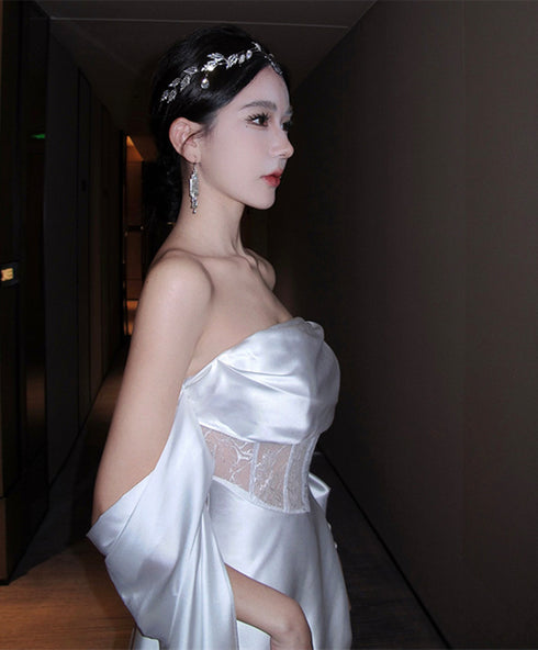 White Satin Off Shoulder Wedding Party Dress, White A-line Long Evening Dress Prom Dress